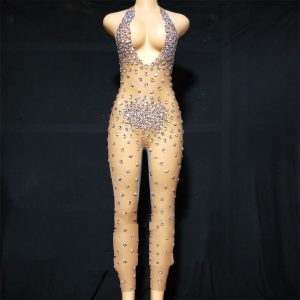 gray-velvet-rhinestone-stretch-one-piece-stage-performance-clothing-woman